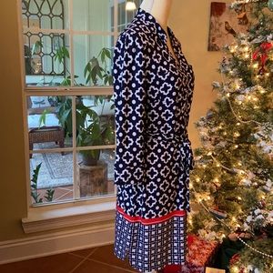 Dark Navy, White & Red Patterned Jersey Dress, NWOT!